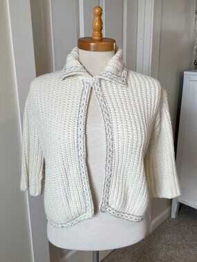 White With Gray Trim 50s Dupont Orlon White Sweater Bolero Jacket
